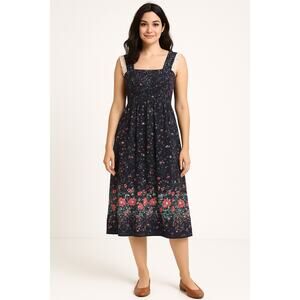 Vintage 70s The Fig Leaf Floral Smocked Cottagecore Prairie Midi Cotton Dress XS